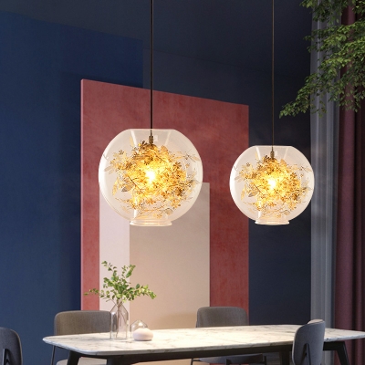 Globe Restaurant Ceiling Lighting Clear Glass 1-Head Modernist Hanging Pendant Lamp in Gold with Inner Shattered Leaves Detail