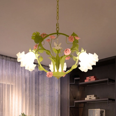 Green 3/6 Bulbs Chandelier Light Pastoral Metal Round LED Pendant Lighting with Rose Decor for Dining Room