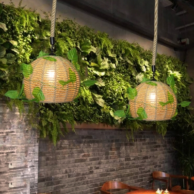 Industrial Dome Plant Hanging Pendant 1 Bulb Hemp Rope LED Suspension Light in Beige for Restaurant