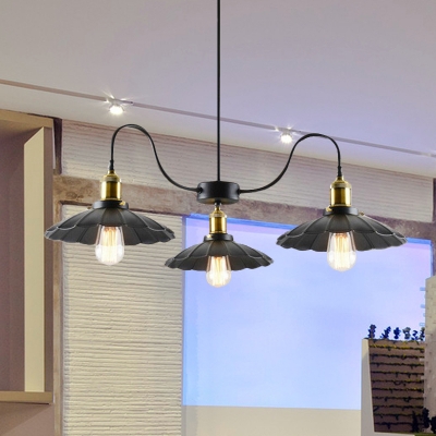 Metal Black Pendant Chandelier Scalloped 3 Lights Industrial Ceiling Hang Fixture with Gooseneck Arm