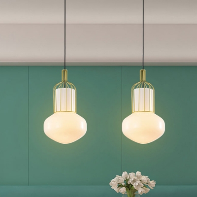 Modern 1-Bulb Hanging Light Kit with White Glass Shade Gold Schoolhouse Ceiling Pendant Lamp