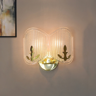 Modern Arc Oval Wall Mount Fixture Clear Latticed Glass 2 Lights Corner Wall Sconce Lamp in Gold