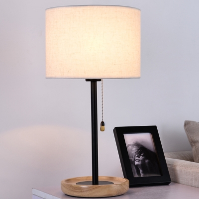 Modernist Cylinder Desk Light Fabric 1 Bulb Night Table Lamp in Flaxen/Black with Pull Chain