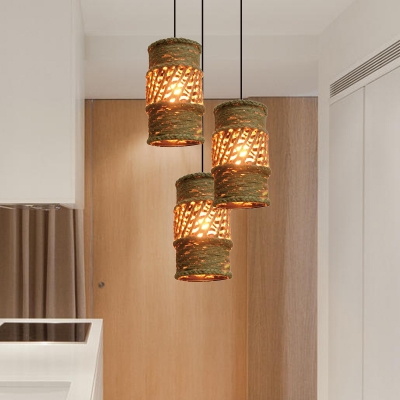 Rope Beige Cluster Pendant Lamp Cylindrical 3 Bulbs Countryside Suspension Lamp for Coffee Shop