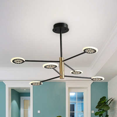 Round Cake Shape Chandelier Contemporary Metal 6/8 Heads Living Room Hanging Light Kit in Black with Linear Design