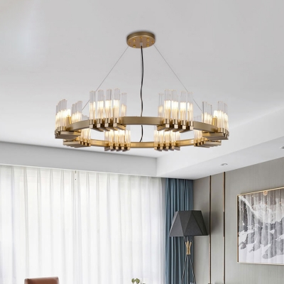 Tube Chandelier Pendant Light Modern Clear Glass 24-Bulb Living Room Suspension Lamp in Brass with Ring Design