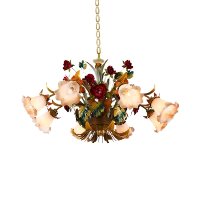Yellow 5/8 Lights Hanging Chandelier Pastoral Metal Flared Pendant Light Fixture with Flower for Bedroom