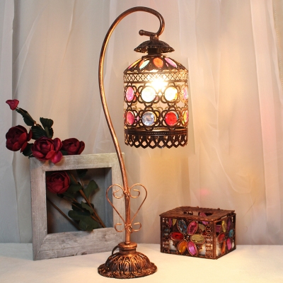 1 Head Dome Desk Light Traditionary Copper Metal Night Table Lamp with Carved Base