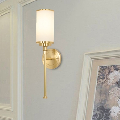 1 Light Living Room Sconce Minimalist Gold Finish Wall Lighting Fixture with Cylinder White Glass Shade