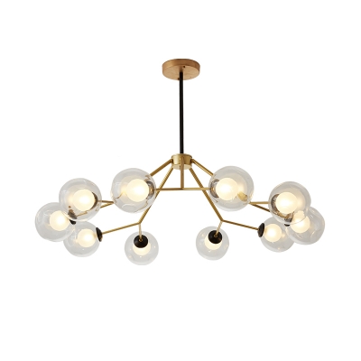 10 Heads Living Room Ceiling Chandelier Modernism Gold Branch Pendant with Orb Clear Glass Shade