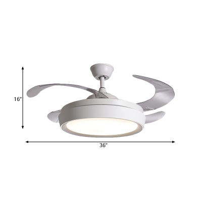 4-Blade Drum Living Room Hanging Fan Lamp Simple Acrylic LED White Semi Flush Light with Wall/Remote Control, 36