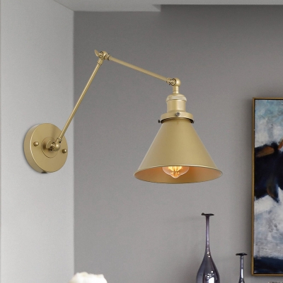 Antiqued Cone Wall Sconce 1 Bulb Metal Swing Arm Wall Light Fixture in Gold with Plug In Cord
