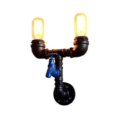 Antiqued Pipe Sconce Light Fixture 2-Bulb Metal Wall Mounted Lamp in Black with Blue Water Tap Deco