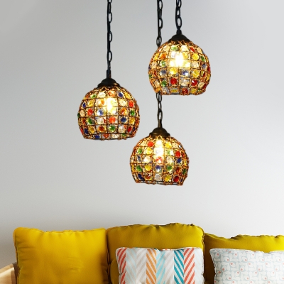 Black Dome Cluster Pendant Art Deco Metal 3 Bulbs Hanging Ceiling Light with Round/Linear Canopy