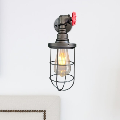 Black/Rust 1 Bulb Sconce Farmhouse Style Metal Caged Wall-Mount Light with Red Valve Deco for Hallway