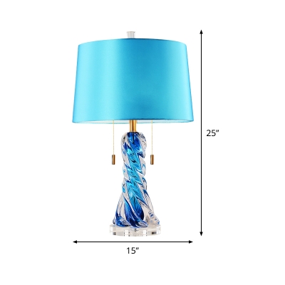 Blue Flared Desk Light Modernism 2 Bulbs Fabric Night Table Lamp with Pull Chain