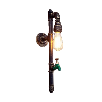 Bronze 1-Head Wall Light Fixture Vintage Iron Pencil Pipe Arm Sconce with Green Water-Tap Deco