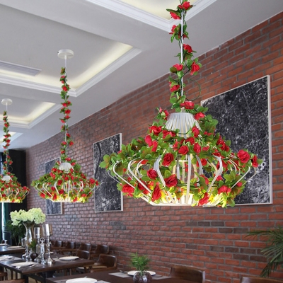 Caged Metal Pendant Lighting Fixture Industrial 1 Light Restaurant LED Flower Ceiling Suspension Lamp in Black/White
