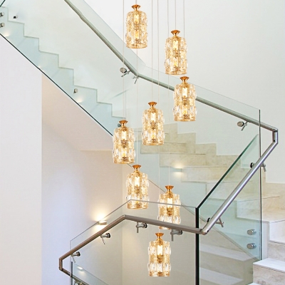 Clear Crystal Cylinder Cluster Pendant Simple 8 Heads Gold Suspension Light for Stair
