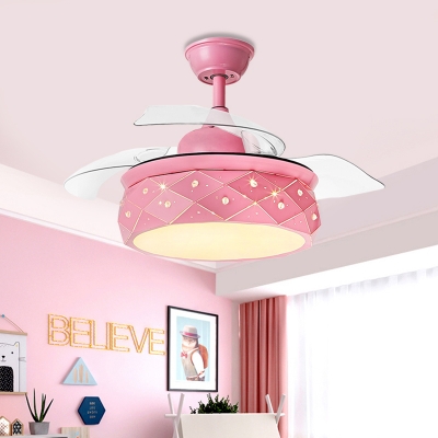 Contemporary LED Semi Flush Light Fixture with Acrylic Shade Pink/Blue Drum 3 Blades Pendant Fan Lamp with Remote/Wall and Remote Control, 42