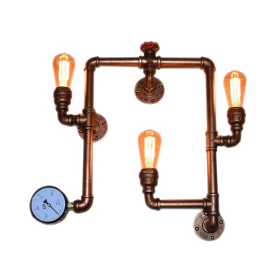 Copper 3 Bulbs Wall Light Fixture Antiqued Metallic Twisted Pipe Living Room Sconce Lamp with Gauge Deco