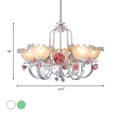 Country Style Rose Chandelier Lamp 5/7 Lights Metal Hanging Pendant Light in White/Green for Restaurant