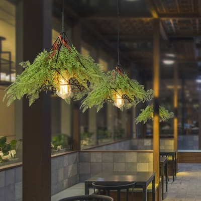 Diamond Restaurant Drop Lamp Industrial Metal 1 Head Green LED Hanging Light Fixture with Plant