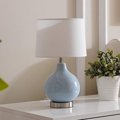 Drum Table Light Modern Fabric 1 Bulb White Desk Lamp with Onion Blue Ceramic Base