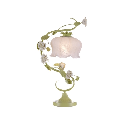 Green 1 Head Night Light Traditional Metal Scalloped Table Lamp with Rose Decor for Bedroom
