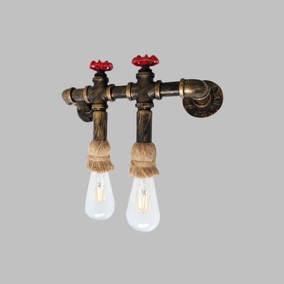 Iron Antique Brass Wall Lighting Pipe and Valve 2-Light Industrial Wall Sconce Lamp with Rope Top