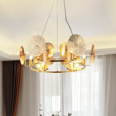 Lotus Leaf Metal Hanging Chandelier Minimalist 6-Head Brass Suspension Light with Round Design
