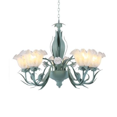 Metal Blossom Chandelier Light Traditional 3/5/7 Bulbs Living Room Drop Lamp in Aqua with Curving Arm