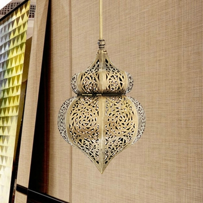 Metal Hollow Down Lighting Arabian 1 Light Restaurant Ceiling Pendant Light in Brass