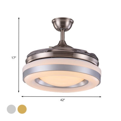 Metallic Ring 4 Blades Ceiling Fan Light Contemporary Living Room LED Semi Flush Lamp in Silver/Gold with Remote Control, 36