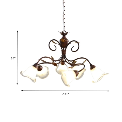 Milk Glass Brown Chandelier Lighting Flared 6 Heads Country Style LED Hanging Light Fixture for Bedroom