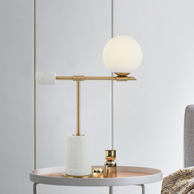 Opal Glass Round Desk Light Modernist 1 Bulb Gold Task Lighting with Cylinder Marble Base