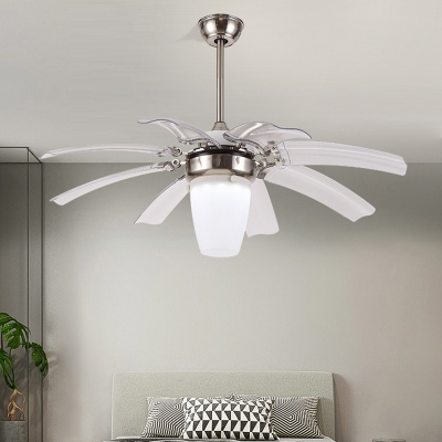 Opal Glass Silver Semi Flush Light Fixture Cone Modernist LED Ceiling Fan Lamp with 8 Adjustable Blades for Living Room, 48
