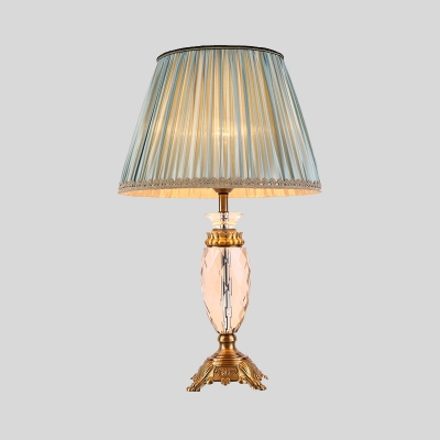 Pleated Fabric Desk Lamp Modern 1 Head Blue Table Light with Carved Brass Metal Base