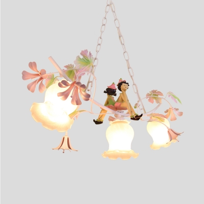 White Glass Blossom Chandelier Lamp Traditional 3 Lights Living Room Suspension Light