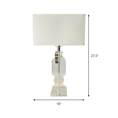 White Rectangle Desk Light Modernist 1 Bulb Fabric Nightstand Lamp with Crystal Base