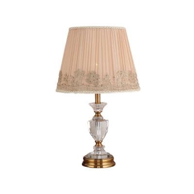 Wide Flare Crystal Table Light Contemporary Fabric 1 Bulb Small Desk Lamp in Beige