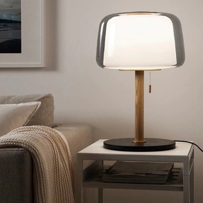 1 Head Urn Nightstand Lamp Modern Smoke Glass Reading Book Light in Wood with Pull Chain