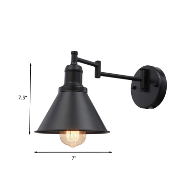 1 Light Wall Light Fixture Farmhouse Coffee House Swing Arm Sconce with Cone Iron Shade in Black