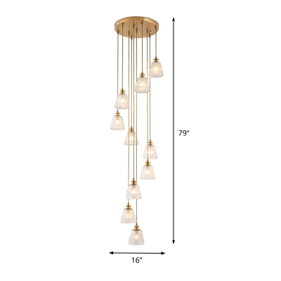 10 Bulbs Stair Cluster Pendant Simple Gold Hanging Light Fixture with Cone Clear Prismatic Glass Shade