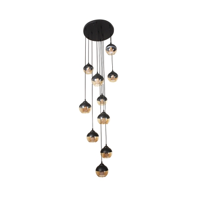 10 Heads Living Room Drop Lamp Minimalism Black Multi Light Pendant with Sphere Amber Glass Shade