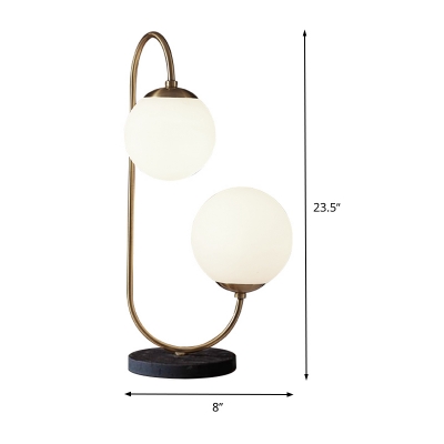 2 Bulbs Round Task Light Modern Opal Glass Night Table Lamp in Brass with Curved Metal Arm