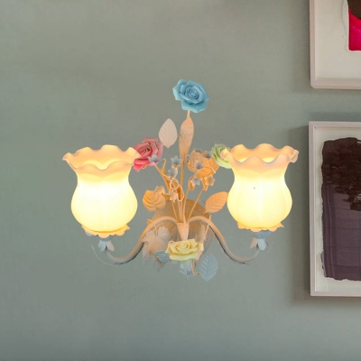 2 Bulbs Wall Sconce Traditional Floral Metal Wall Light Fixture in Pink/Yellow/Blue for Living Room
