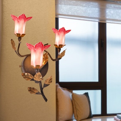 3 Bulbs Metal LED Sconce Fixture Pastoral Dark Brown Lotus/Lily/Tulip Living Room Wall Mounted Lighting