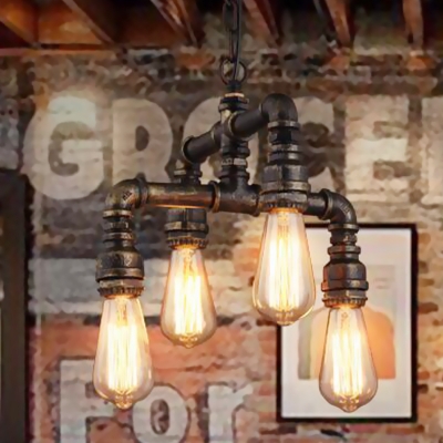 4 Lights 2-Layer Water Pipe Pendant Industrial Rust Metal Hanging Chandelier for Restaurant