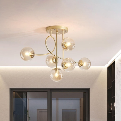 6-Bulb Living Room Ceiling Chandelier Modern Brass Hanging Pendant Light with Sphere Clear Glass Shade